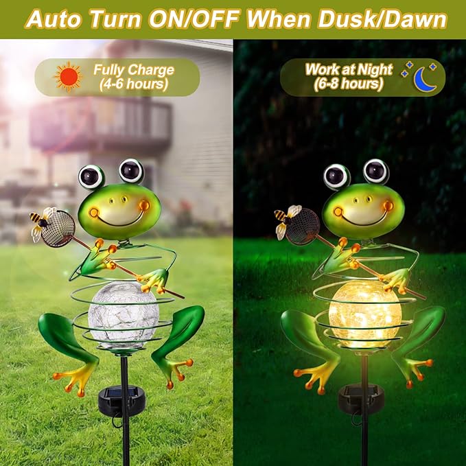 Frog Solar Garden Light - Metal Stake Light with Crackle Glass Waterproof Globe, Solar Power LED for Garden, Lawn, Patio, Pathway Decor HEDAQI