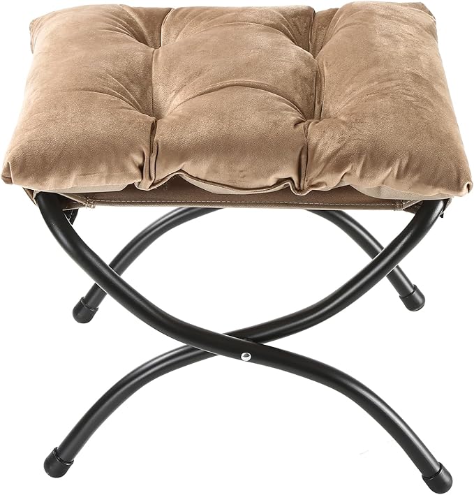 15" Foldable Foot Stool Ottoman with Metal Frame - Washable Khaki Upholstered Indoor/Outdoor Footrest for Living Room, Bedroom, Patio - Space-Saving Compact Design WELL-STRONG