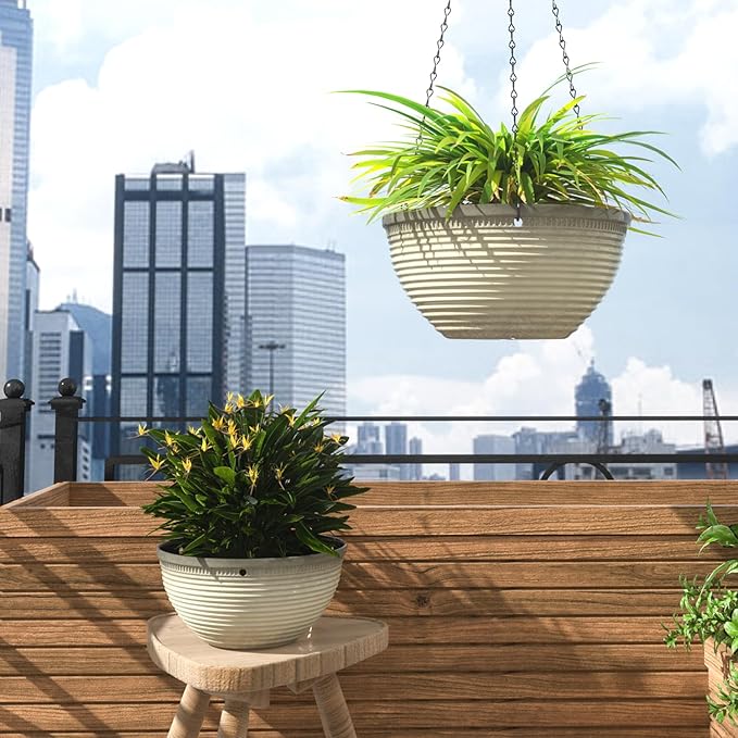 2 Pack Hanging Planters for Indoor Outdoor Plants, 10 Inch Hanging Planter with Drainage Hole & Plug Glazed Hanging Baskets Flower Pots for Garden Home (Off-White) Vanslogreen