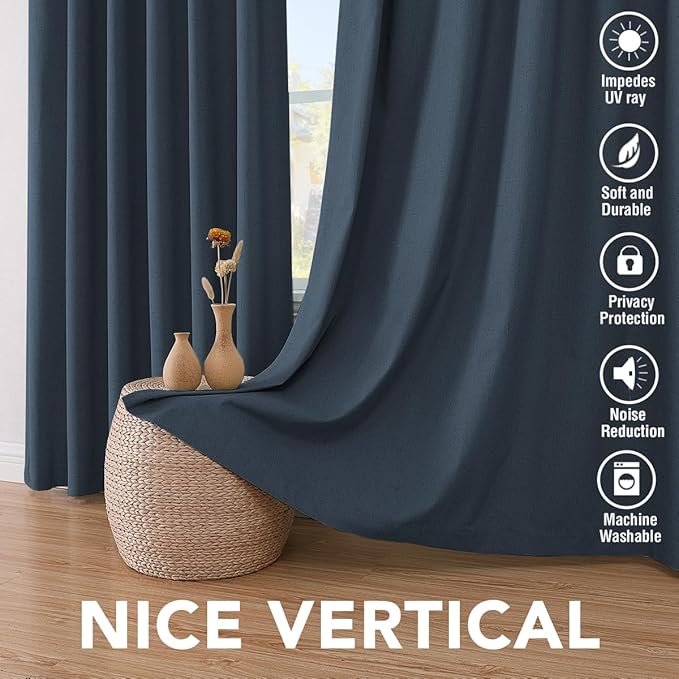 H.VERSAILTEX Linen Blackout Curtains 108 Inches Long 100% Absolutely Blackout Thermal Insulated Textured Linen Look Curtain Draperies Anti-Rust Grommet, Energy Saving with White Liner, 2 Panels, Navy HVERSAILTEX