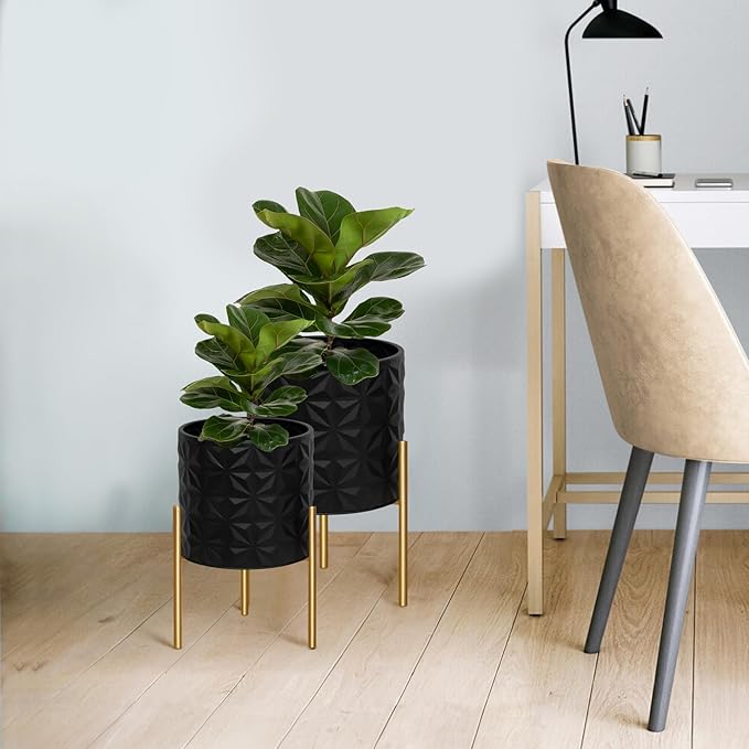 ARNIS Modern Planter Pots, Set of 2 Large Planters with Stand, Decorative Planters, Metal Pots with Drainage Holes for Living Room, Office, Garden or Balcony, 8.25 &10.5 Inch, Matte Black ARNIS