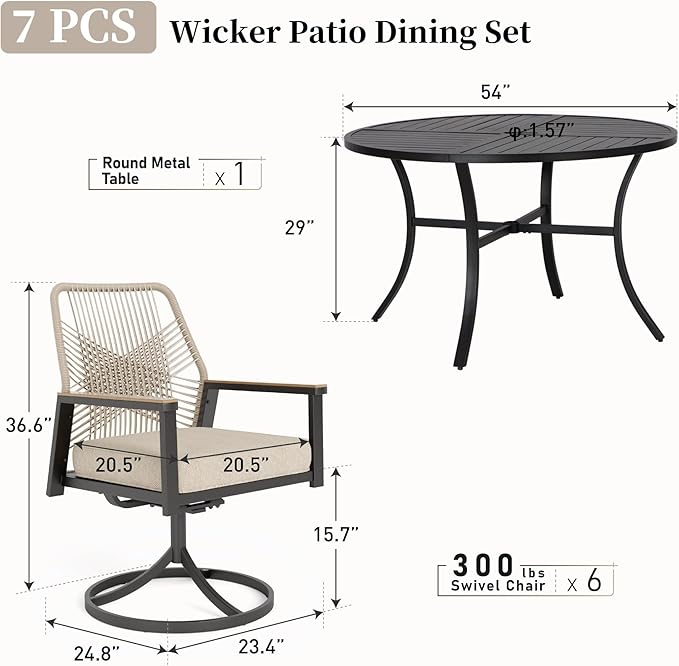 Patio Dining Set 7 Piece, 6 x Woven Rattan Swivel Chairs with Waterproof Cushion, 54” Metal Round Dining Table with Umbrella Hole, Outdoor Table and Chairs Set for Backyard Lawn and Deck,Beige SUNSHINEVALLEY