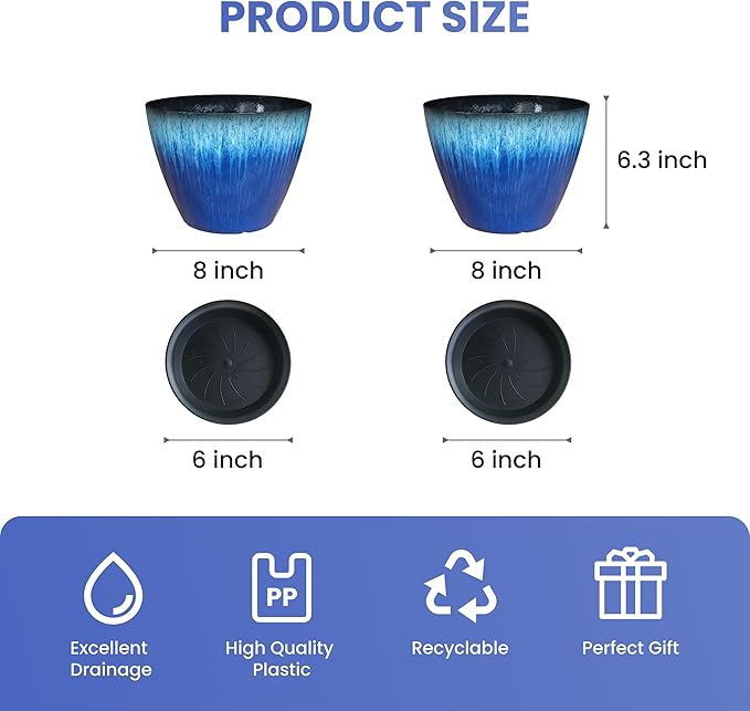 Pack of 2 Flower Pots, Plastic Plant Pots with Drainage Holes, 8 inch Modern Glossy Finishing Planter for Indoor Outdoor Plants (Blue Glaze, 2 Pack) LesOasis