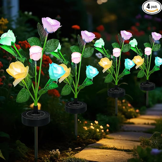 Upgraded Solar Garden Lights, 4 Pack Outdoor Solar Lights, New Round Panel for 40-Hour Runtime, Serve as Outdoor & Indoor Decor, 7-Color Changing Flower Lights, Waterproof for Patio Yard Decoration Rootora