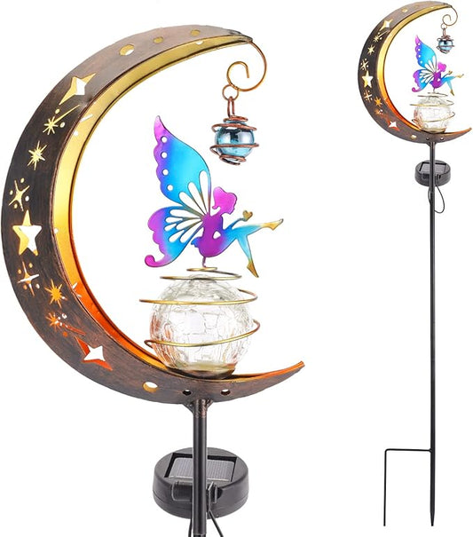 Solar Fairy Garden Light Decor, Moon Fairy Stake Lights, Crackle Glass Globe with Color Angel Decor, Outdoor LED Pathway Lights Waterproof for Walkway, Yard, Lawn, Patio or Courtyard HEDAQI