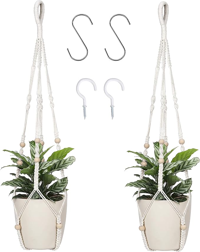 Macrame Plant Hanger Indoor Hanging with Wood Beads Macrame Planters No Tassel for Indoor Outdoor Boho Home Decor 35 Inch (Ivory,2pcs) BlueMake