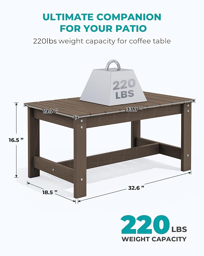 SERWALL HDPE Patio Coffee Table, Rectangle Outdoor Coffee Table, All Weather Patio Table for Deck, Pool, Balcony, Indoor or Outdoor Use, Coffee SERWALL
