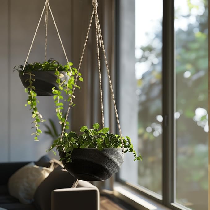 La Jolie Maison 10 Inch Hanging Planters for Indoor Plants, Outdoor Garden Planter Pots with Self-Watering Tray, Jet Black, Spiral Pattern, Set of 2 LaJolieMaison