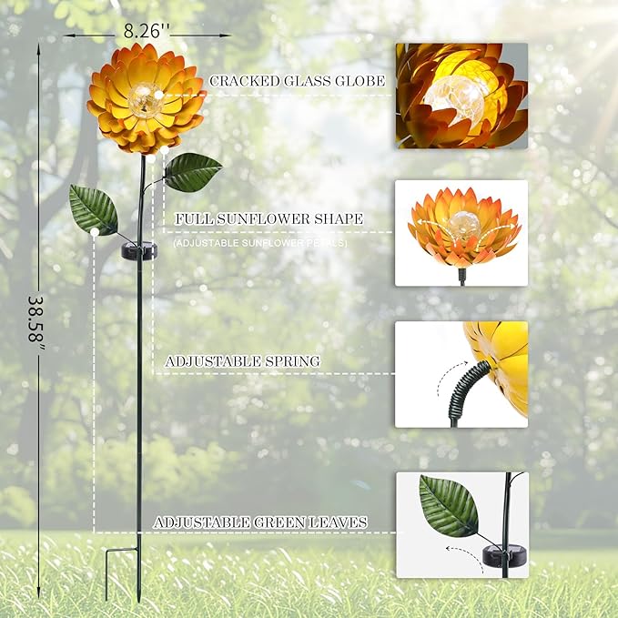 VCUTEKA Solar Garden Lights Metal Flower Decor Colorful Yellow Flowers Solar Pathway Light with LED Cracked Crystal Ball Outdoor Decorative Stake for Patio Yard Lawn VCUTEKA