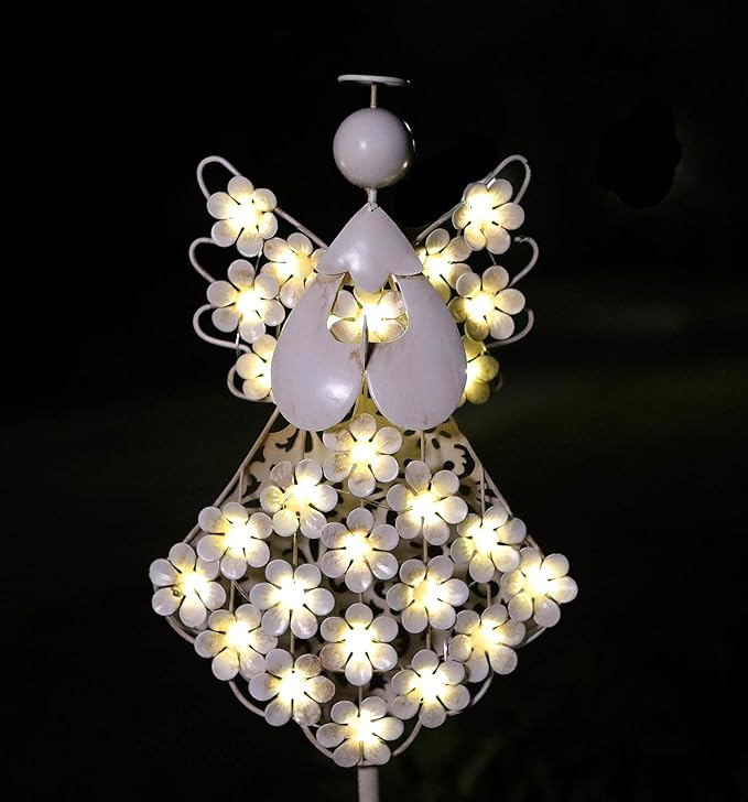 Solar White Angel Garden Stake Lights - Metal Hydrangea Memorial Gift With 27 LEDs - Perfect for Remembrance and Sympathy (7.7" W x 40.5" H) WSgift