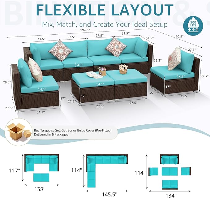NICESOUL 8 Piece Outside Furniture Set, 29.3'' High Back Deep Seating Wicker Patio Modular Sectionals, Oversized Modern Comfy Conversation Sets for Backyard, Brown Rattan and Teal Cushion NICESOUL