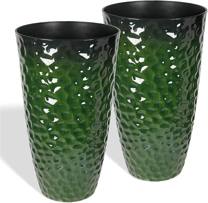 Worth 2 Pack 24" Tall Large Plastic Planter with Drainage Hole, Round Decorative Flower Plant Pit for Indoor or Outdoor Gardening, Glossy Green WORTH