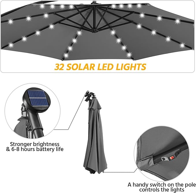 Yaheetech 10FT Solar Offset Umbrella with 32 LED Lights Cantilever Hanging Outdoor Umbrellas Handy Crank & Cross Base for Lawn/Deck/Backyard/Pool Gray Yaheetech