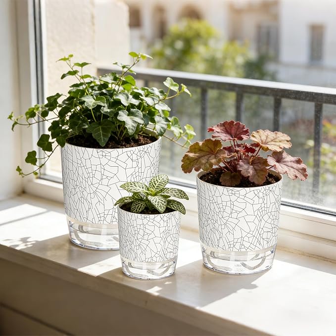 3 Pack Self Watering Pots for Indoor Plants, 4+5.5+6.3 Inch Self Watering Plant Pots, Flower Pots with Wick Rope and Reservoir - Crack Texture Samhe