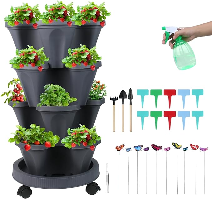 Vertical Planter 4 Tier Stackable Planters Garden Planters Strawberry Herb Flower and Vegetable Planter Indoor Outdoor Gardening Pots with Removable Wheels and Tools GameXcel