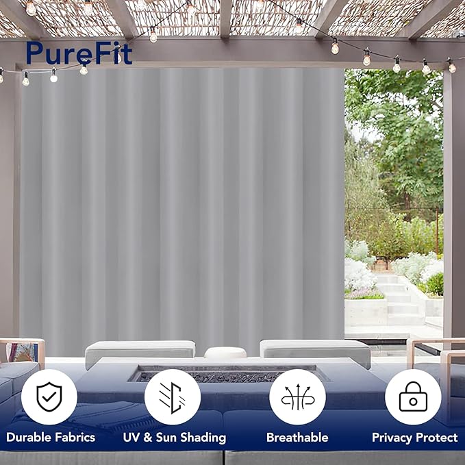 PureFit Outdoor Curtains for Patio Waterproof Weatherproof, UV Resistant Outside Curtains for Gazebo, Front Porch, Pergola, Sun Blocking Privacy Curtain, 120W x 84L inch, 1 Panel, Light Gray PureFit