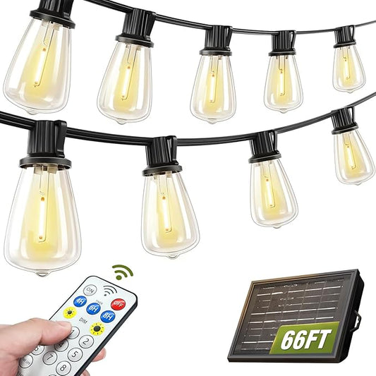 Solar String Lights Outdoor Waterproof with Remote & Timer, LED Shatterproof ST38 Bulbs, USB & Solar Powered Patio Lights for Backyard, Porch, Garden, Wedding, Christmas Decor (66FT) SkoiucLights