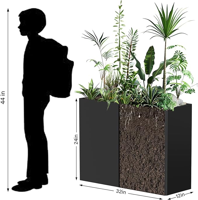 Heavy-Duty Galvanized Steel Planter with Removable Insert Shelf & 4 Drainage Holes - 32x12x24 Inches Large Size Planters for Outdoor/Indoor Patio, Black Ganeekiron