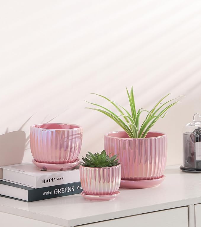 Ton Sin Pink Gold Ceramic Flower Pots, 4"+5"+6" Inch Small Glazed Succulent Planters with Drainage Hole,Modern Indoor Decorative Plant Pots Set of 3,Garden Pots with Saucer TonSin