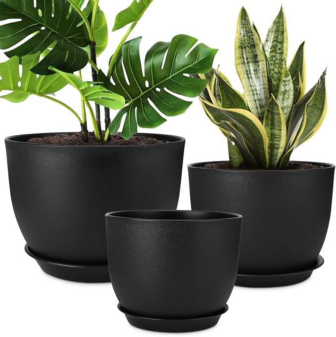 Plant Pots 12/10/9 inch Set of 3, Flower Pots with Multi Mesh Drainage Holes, Large Planters for Indoor Outdoor Garden Plants and Flowers. (Black) AFamilyofGardenLovers