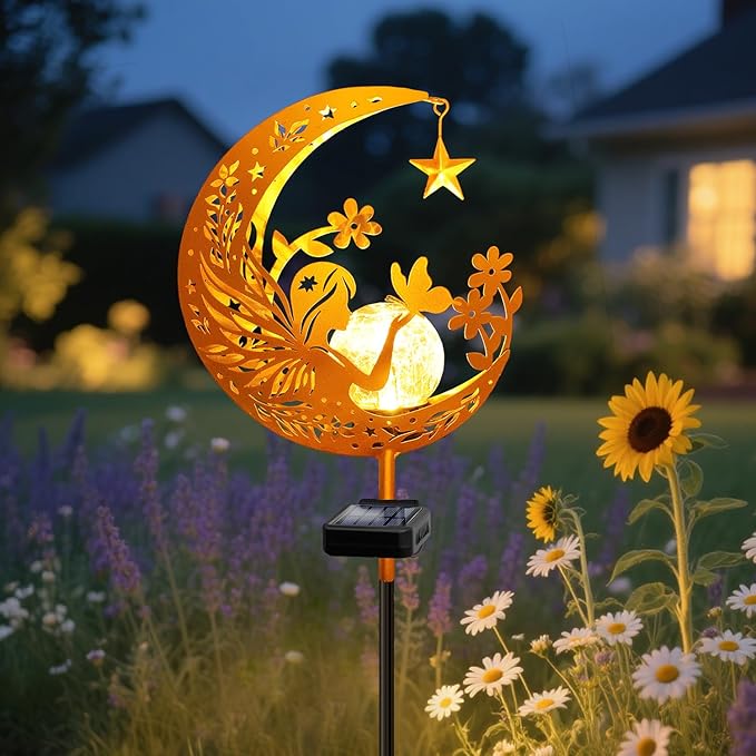 YJFWAL Garden Solar Fairy Lights Pathway Stake Lights Glass Globe with Moon Cat Decor, Christmas Gift for Mom Grandma Friends, Outdoor Decor Light Waterproof for Walkway, Patio or Garden (Warm White) YJFWAL