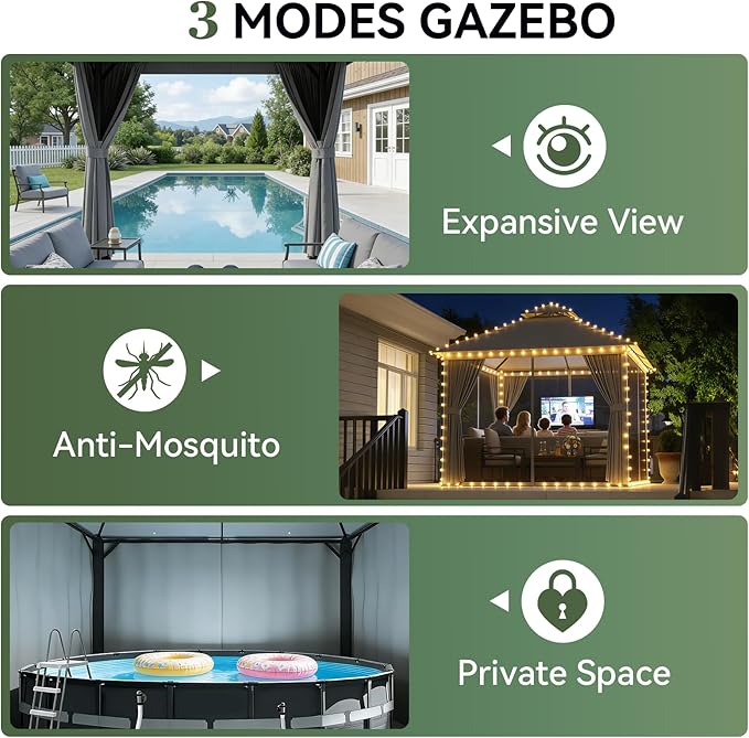 Aoxun Outdoor Gazebo for Patio 10x10, Metal Frame Canopy with Double Roofs, Heavy Duty Party Tent and Shelter with Mosquito Netting and Privacy Screen for Backyard, Lawn, Garden, Deck Aoxun