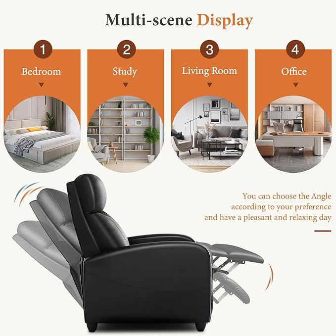Sweetcrispy Recliner Chair PU Leather Recliner Sofa No Massage, Home Theater Seating with Lumbar Support, Adjustable Push Back Overstuffed High-Density Sponge Reclining for Living Room, Black Sweetcrispy