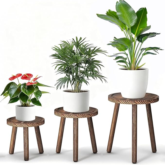 3 Pack Plant Stand Indoor Outdoor Mid-Century Modern Plant Stool Wooden Plant Pot Holder Home Decor for Gardening Living Room,Balcony,Office (Heavy Burnt Color, 3 Pack) Rootora