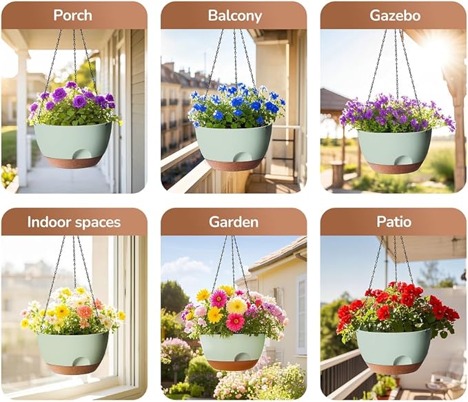 Hanging Planter for Indoor Plants, 10 Inch Self-Watering Hanging Planters with Drainage Holes and Chain, Set of 2 Outdoor Hanging Pots for Garden Home LesOasis