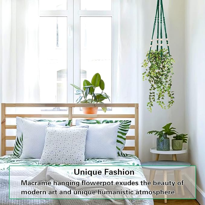 Augshy Macrame Plant Hangers Dark Green Hanging Planters for Indoor Outdoor Home Decor, Hanging Plant Holder No Tassels Set of 2 with 4 Hooks Augshy