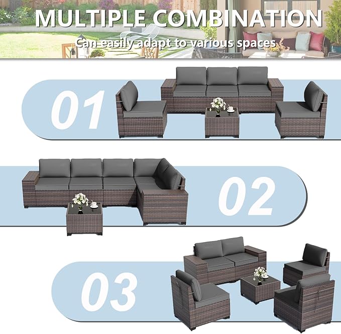 ALAULM 6 Pieces Patio Furniture Set, Oversized Seat/Armrest and High Back Wicker Sectional Furniture Set with Thick Cushion for Backyard, Garden, Grey ALAULM