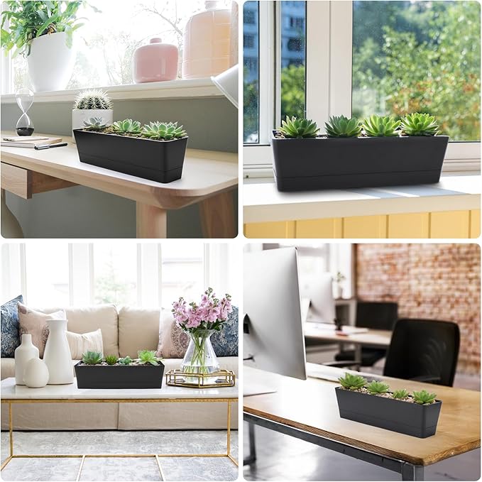 GREANER 12x3.8 Inch Herb Planters, 1 Pack Rectangle Window Boxes with Tray, Indoor Succulent Cactus Mint Plastic Pot for Windowsill, Balcony, Office, Outdoor Garden - Black GREANER