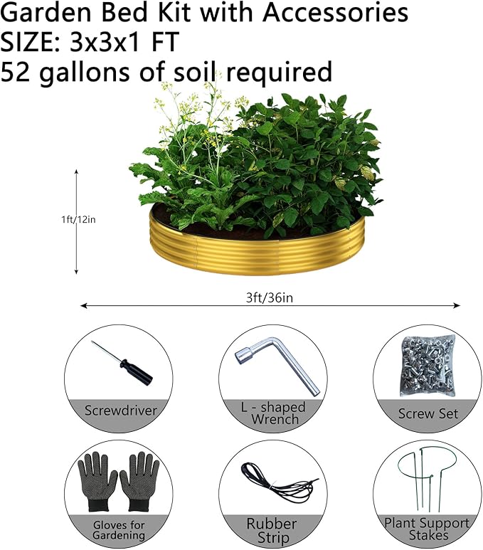 Galvanized Metal Planter Round Raised Garden Bed Kit for Gardening Outdoor Garden Box Raised Flower Bed 1PC Gold 3X3X1FT ZFHgarden