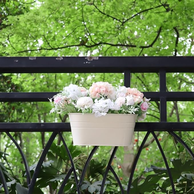 Meltset 3 Pack Metal Iron Hanging Flower Pot, Oval Railing Fence Garden Balcony Planter Pots, Metal Bucket Flower Holders for Wall Indoor Outdoor Home Décor, Beige MeltsetM