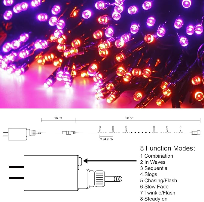 300 LED Halloween String Lights, 98.5FT with 8 Modes, Waterproof, Plug in for Indoor/Outdoor Party Decorations (Purple & Orange) LJLNION