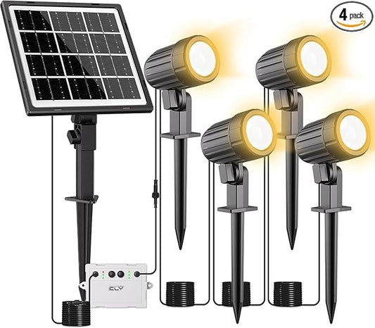 CLY 4-in-1 Solar Spot Lights Outdoor with 14M Cable Solar Powered Landscape Lighting Low Voltage IP66 Waterproof Auto On/Off for Outside Garden Yard Landscape Pathway 2700K Warm White CLY