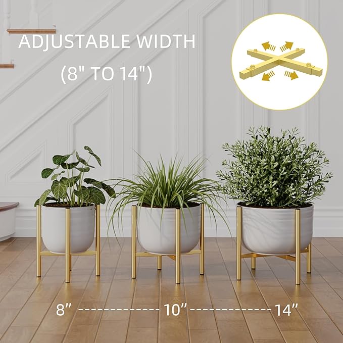 Plant Stand Indoor for 2 Height Options ,Mid Century Modern Outdoor Planter Holder,Corner plant stand Capacity of 160LB for 8 to 14 Inch Pots Golden with Round Plate 2 Pack HomecourtyardsInterio