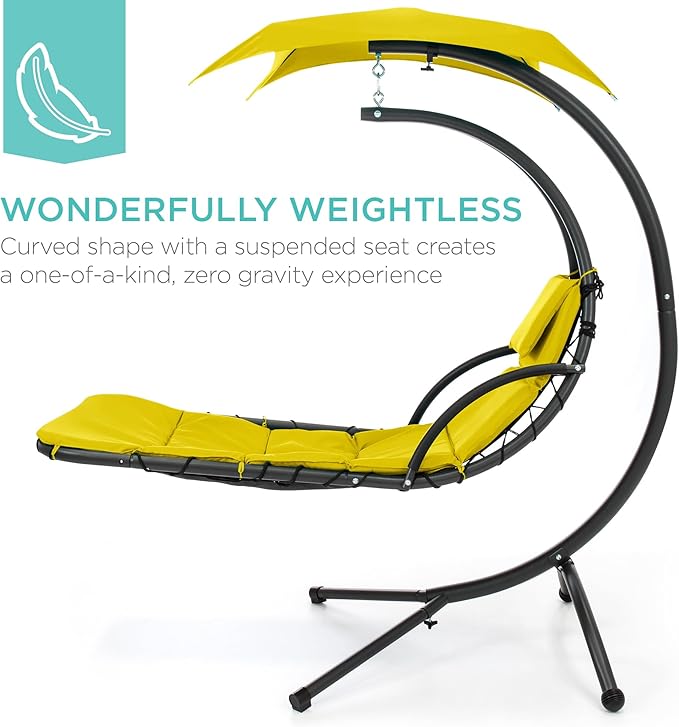 Best Choice Products Outdoor Hanging Curved Steel Chaise Lounge Chair Swing w/Built-in Pillow and Removable Canopy - Yellow BestChoiceProducts
