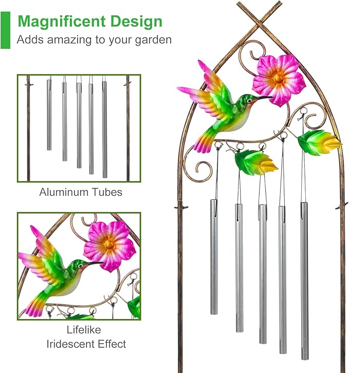 Plant Stands with Garden Trellis, 48” Metal Standing Wind Chimes Plant Pot Trellis with Hummingbird for Garden Patio Backyard Climbing Plants Outdoor Decor LEWIS%26WAYNE