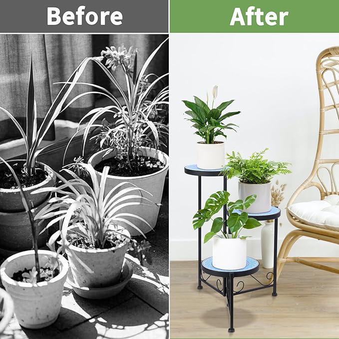 Plant Stand Indoor 3 Tie Mosaic Metal Corner Shelf Outdoor Plant Pot Holder Folding Storage Corner Table Plant Shelves for Living Room Chonsun