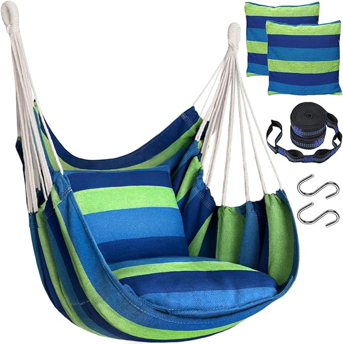 Halalona Hammock Chair Hanging Hammock Chair Rope Swing 2 Cushions Included-Sturdy & Durable Soft Cotton Hand Woven Hammock Swing for Bedroom, Porch, Patio-Indoor/Outdoor Halalona