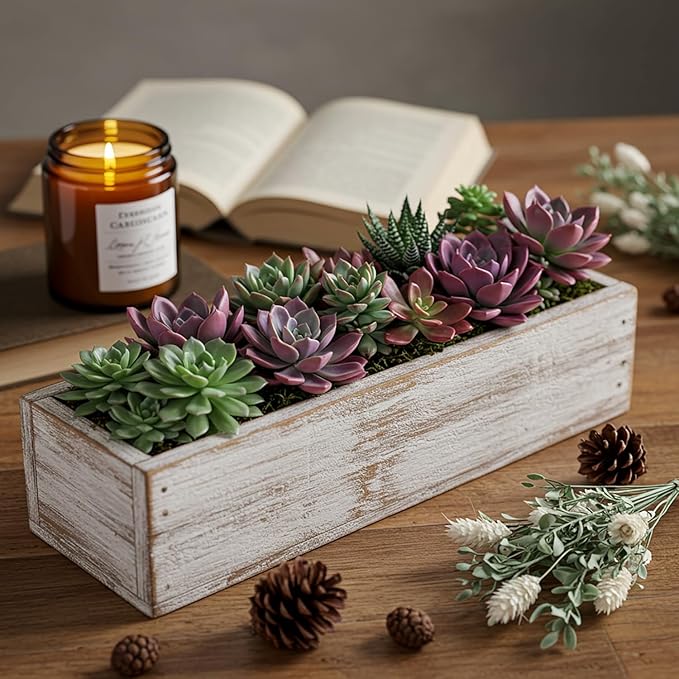 Dandat 5 Set Wood Boxes for Centerpieces 12x4 Inch Rectangle Wooden Planter Box Rustic Wooden Planters with Removable Plastic Liner Floral Foam Blocks for Christmas Wedding Home Garden Decor(White) Dandat