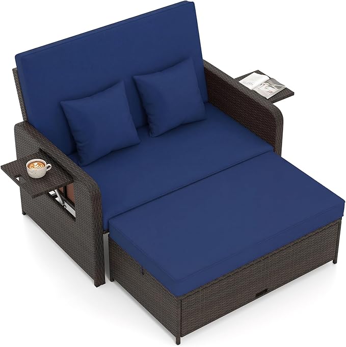 Tangkula Patio Rattan Daybed with 4-Level Adjustable Backrest, Outdoor PE Wicker Loveseat with Storage Ottoman & Folding Side Tray, Double Sunbed Lounger for Balcony, Backyard & Poolside, Navy & Brown TANGKULA