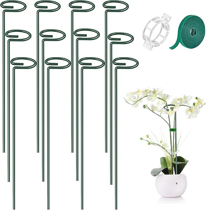 MAFONE 12 Pack 16inch Plant Support Stakes, Plant Stick Garden Single Stem Flower Support Stake Plant Cage Support Rings with 20pcs Plant Clips and Plant Ties for Tomato Orchid Lily Peony Rose Bean Rootora