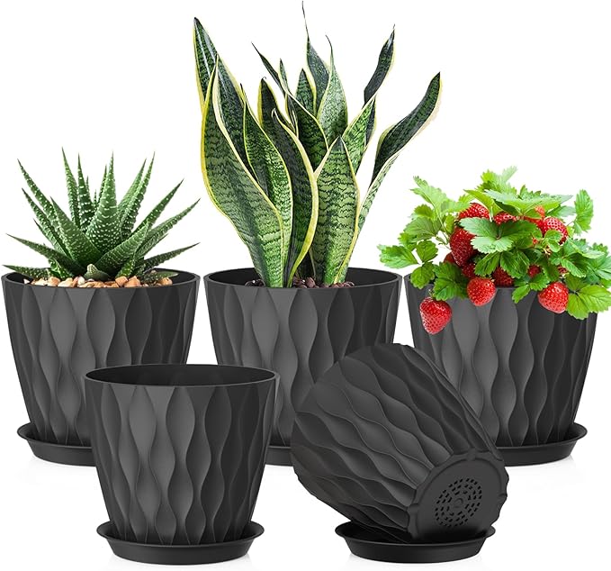 7 inch Plant Pots for Indoor Outdoor Plants, 5 Pack Thick Flower Pots with Drainage Holes and Saucers, 3D Modern Wave Texture Plastic Planter Pots for House Plants, Black Meowell