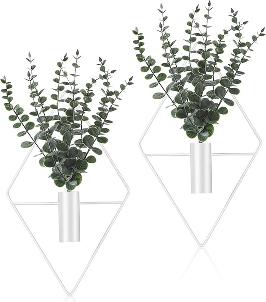 Jexine 4 Pcs Hanging Planters with Artificial Eucalyptus Metal Hanging Vase Indoor Plants Holder Modern Geometric Boho Bathroom Wall Decor for Living Room Home Office (Eucalyptus,White) Jexine