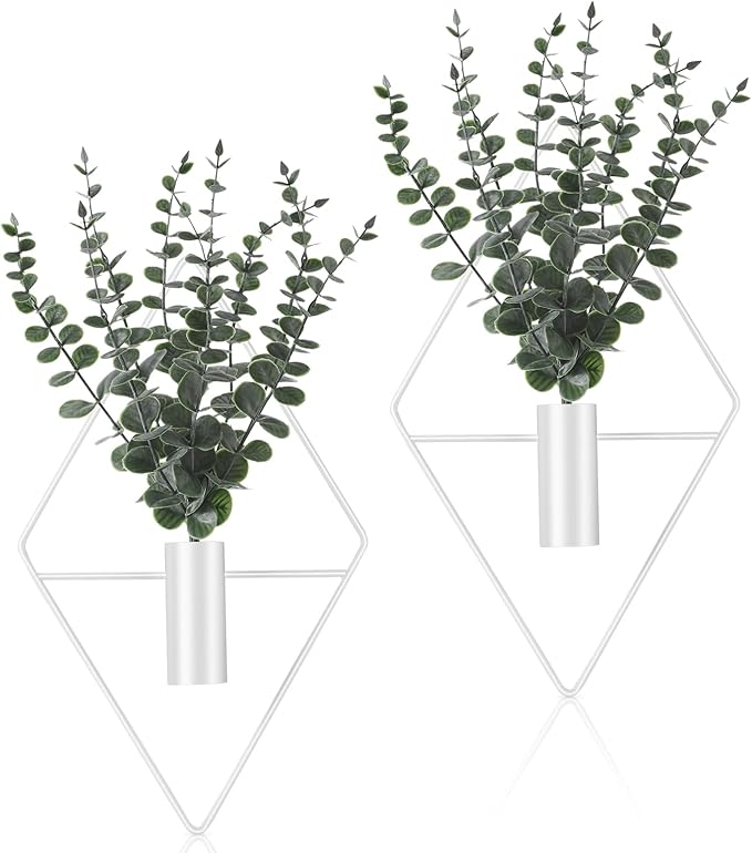 Jexine 8 Pcs Hanging Planters with Artificial Eucalyptus Metal Hanging Vase Indoor Plants Holder Modern Geometric Boho Bathroom Wall Decor for Living Room Home Office (Eucalyptus,White) Jexine