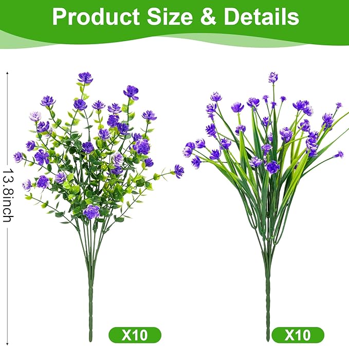 20 Bundles Artificial Flowers for Outdoors Fake Plastic Flowers UV Resistant Realistic Faux Plants Shrubs for Spring Summer Garden Porch Yard Patio Planter Window Box Home Decor, Purple Besteek