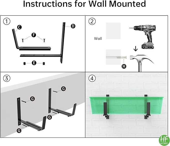 HFHOME 4PCS Adjustable Planter Window Box Planters Hanging Flower Box Holders Brackets, Heavy Duty Wall Mount Holder for Windowsills, Garden, Fences, and Balcony - Black HFHOME
