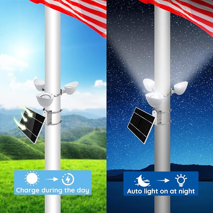Solar Flag Pole Light, 3 Super-Spotlights LEDs, Adjustable Metal Clamps Fits 2-6''Flag Poles, IP65 Waterproof Outdoor Solar Powered Flagpole Lights, 360 Degrees of Flag Illumination, White ENRYBIA